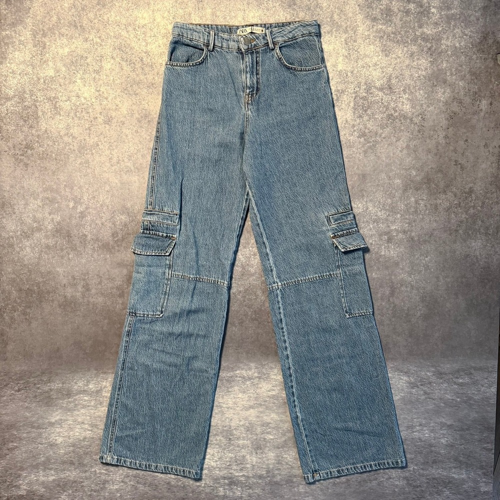 Zara Womens High Rise Straight Leg Cargo Jeans Blue Size 00‎